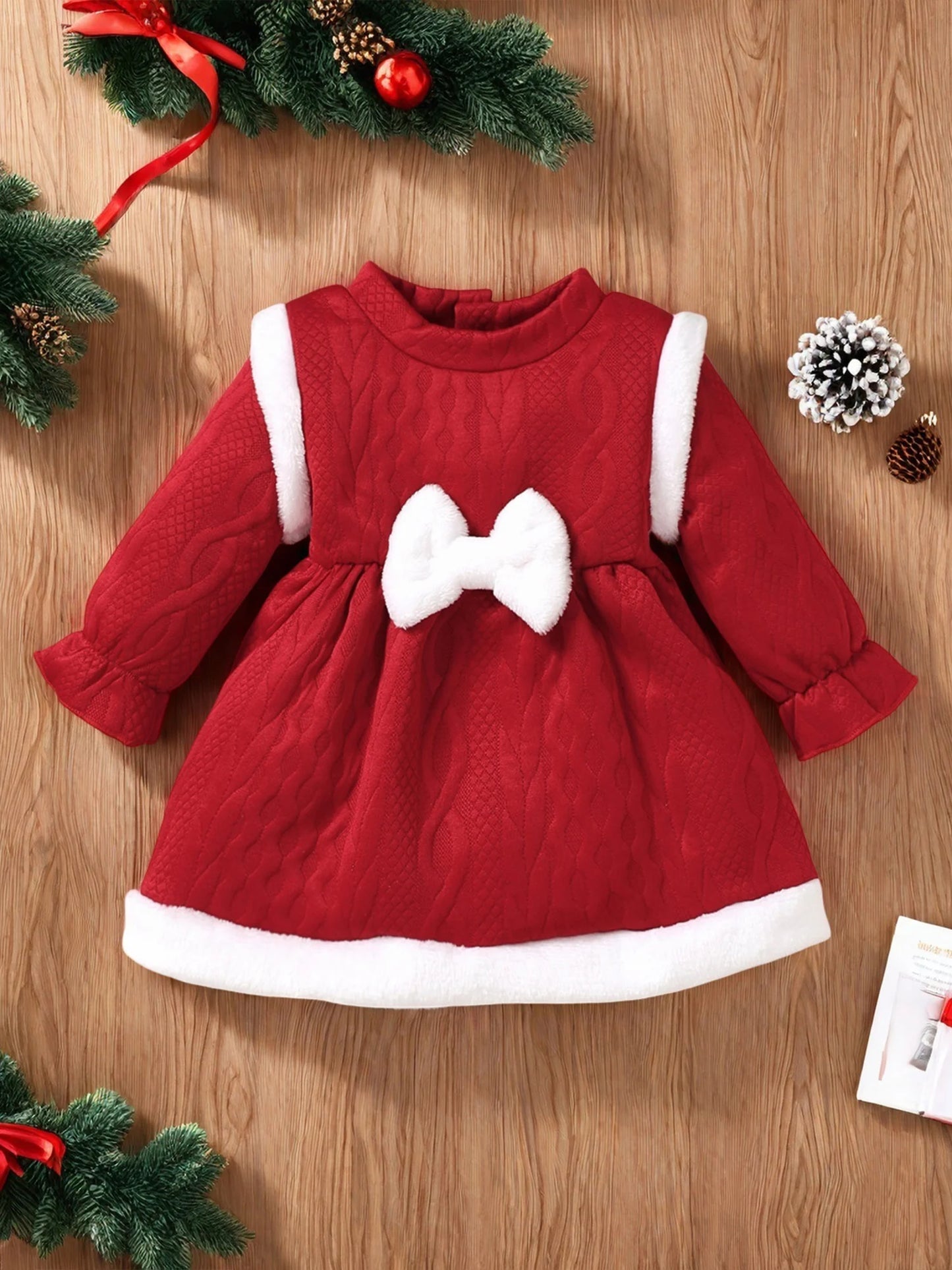 Baby Girls Christmas Dress - Long Sleeve Bow Patchwork Winter Party Dress