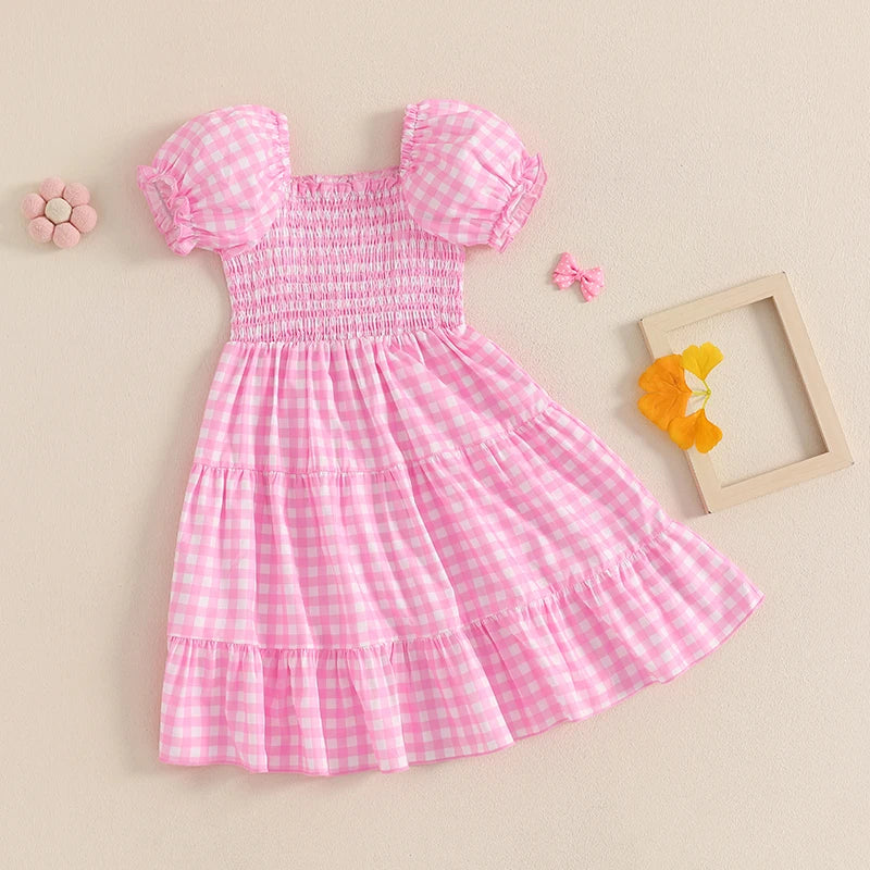 4-6Y Kids Girl's Summer Dress Plaid Print Short Puff Sleeve Square Neck Tiered A-Line Dress