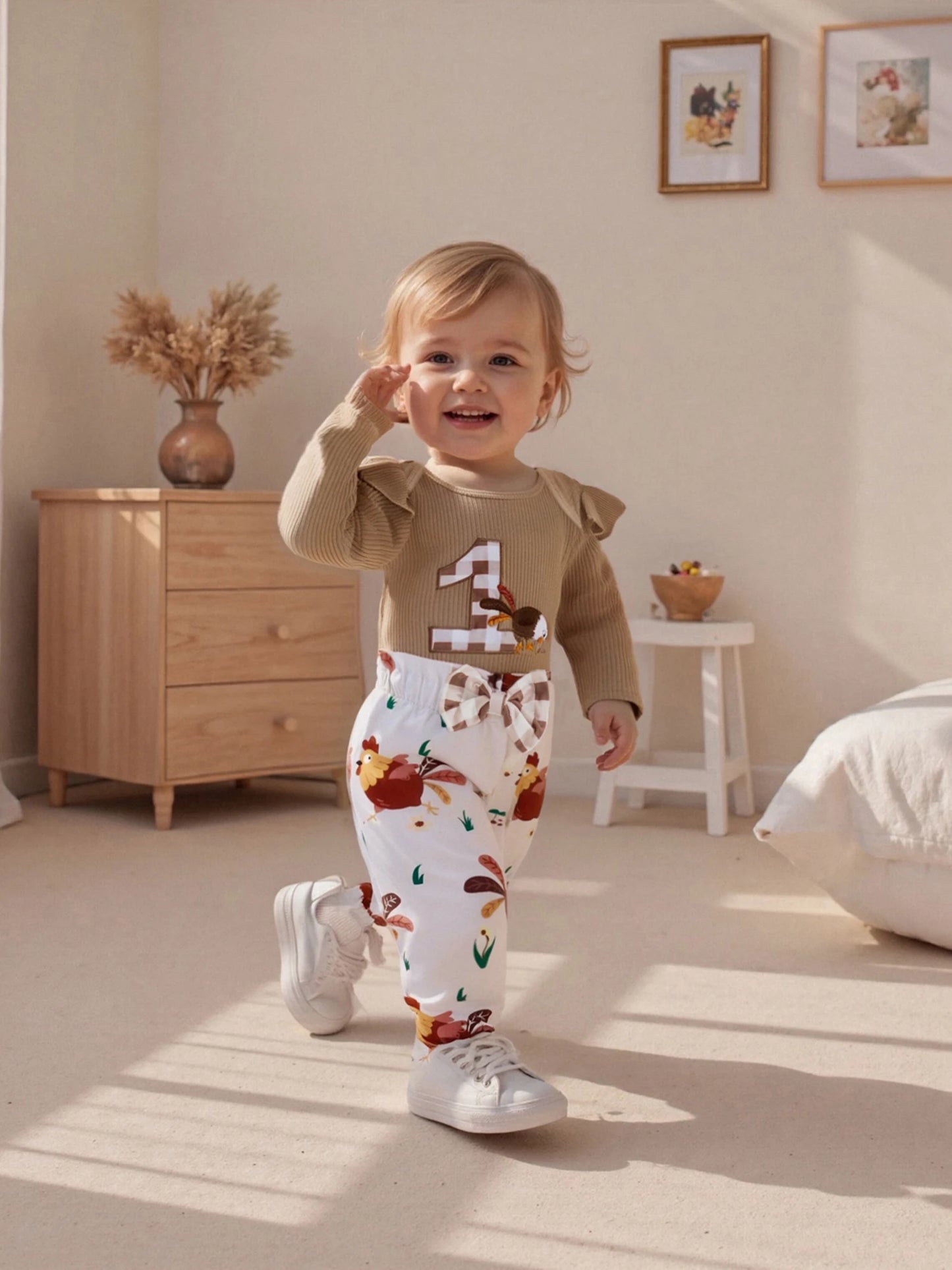 Baby 3-Piece Outfit Set - Ruffle Long Sleeve Embroidery Romper & Pants (0-18M)