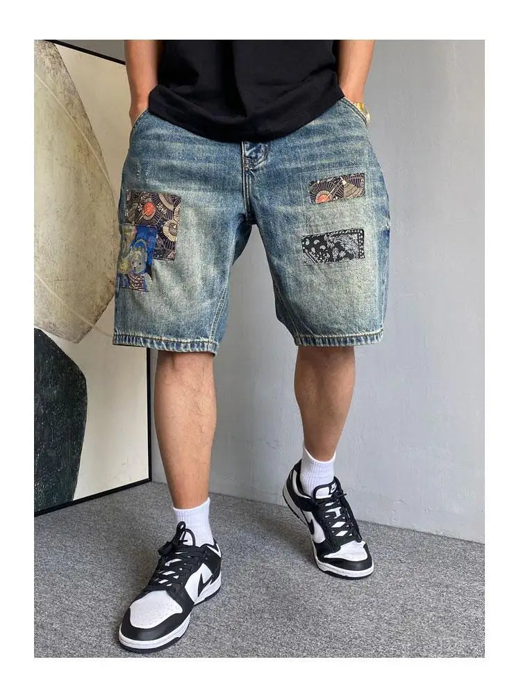 Men's Summer American Casual Embroidery Patch Vintage Denim Shorts