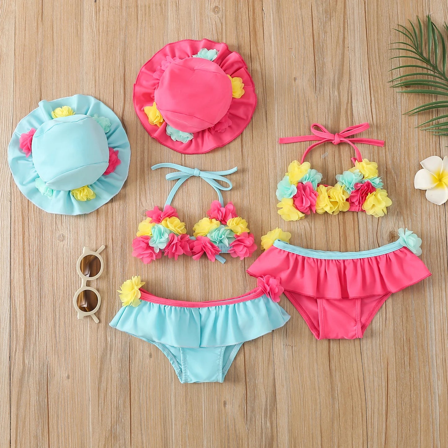 0-24M Summer Baby Girls Bikini Set - 3pcs Flowers Strap Sleeveless Vest and Shorts Sun Hat Swimsuits