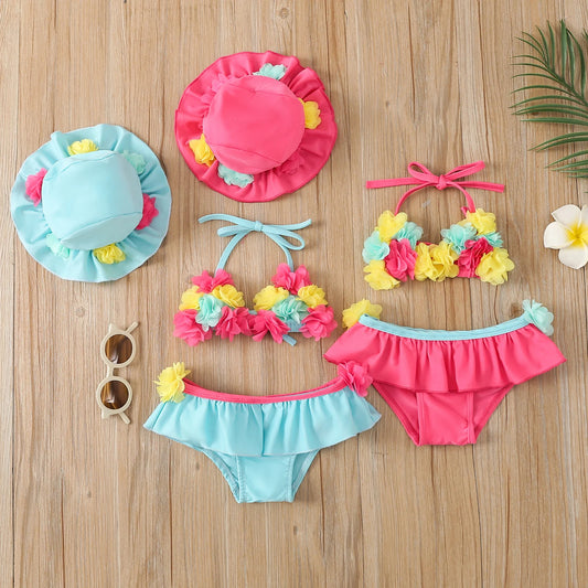 0-24M Summer Baby Girls Bikini Set - 3pcs Flowers Strap Sleeveless Vest and Shorts Sun Hat Swimsuits