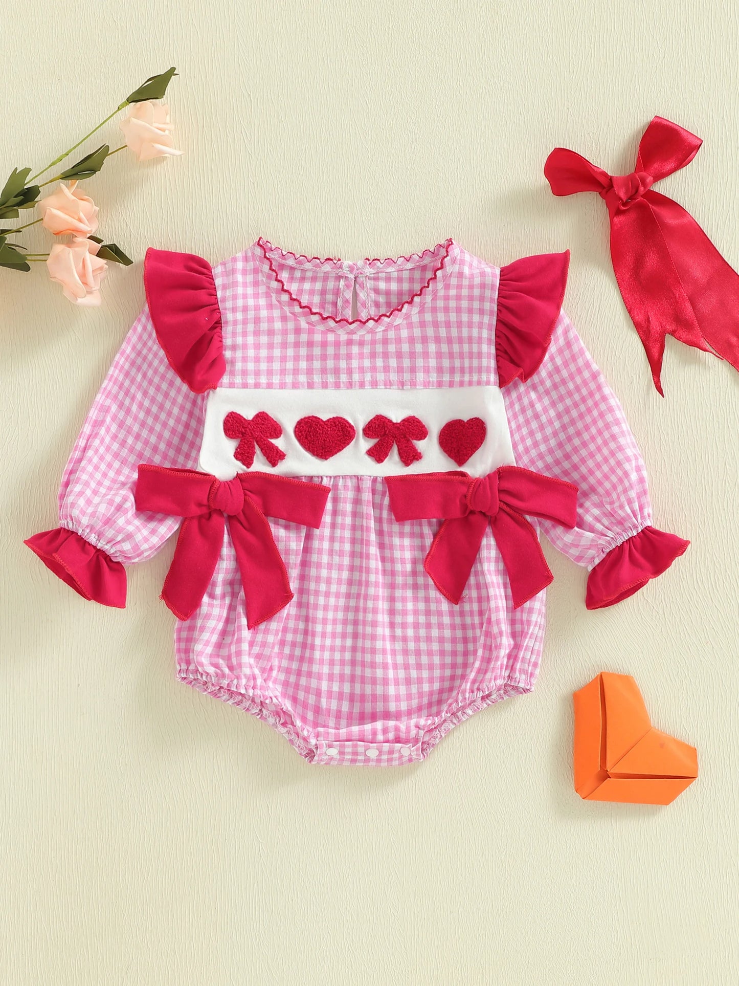 Baby Girls Boys Valentine's Day Plaid Print Bow Heart Embroidered Long Sleeve Romper