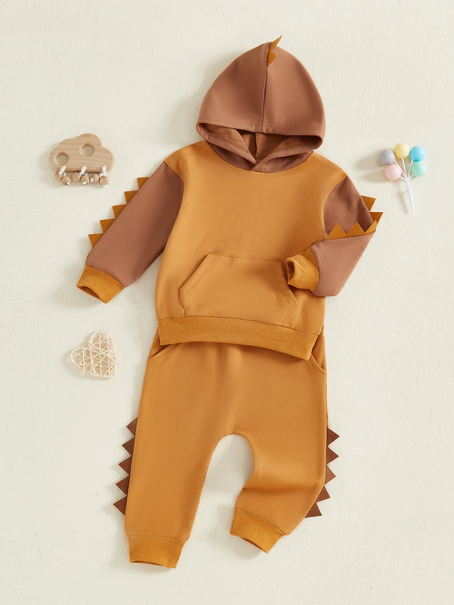 Toddler Dinosaur Hooded Outfit Set - Contrast Color Long Sleeve Top & Pants (0-5Y)