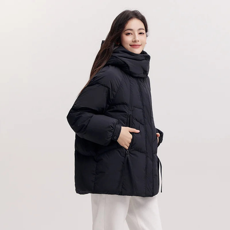 Mid-Length Loose Fit Hooded Down Jacket - Women's Textured Winter Coat
