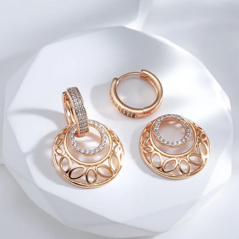 Women's Unusual Metal Sculpture Flower Natural Zircon 585 Rose Gold Dangle Earrings