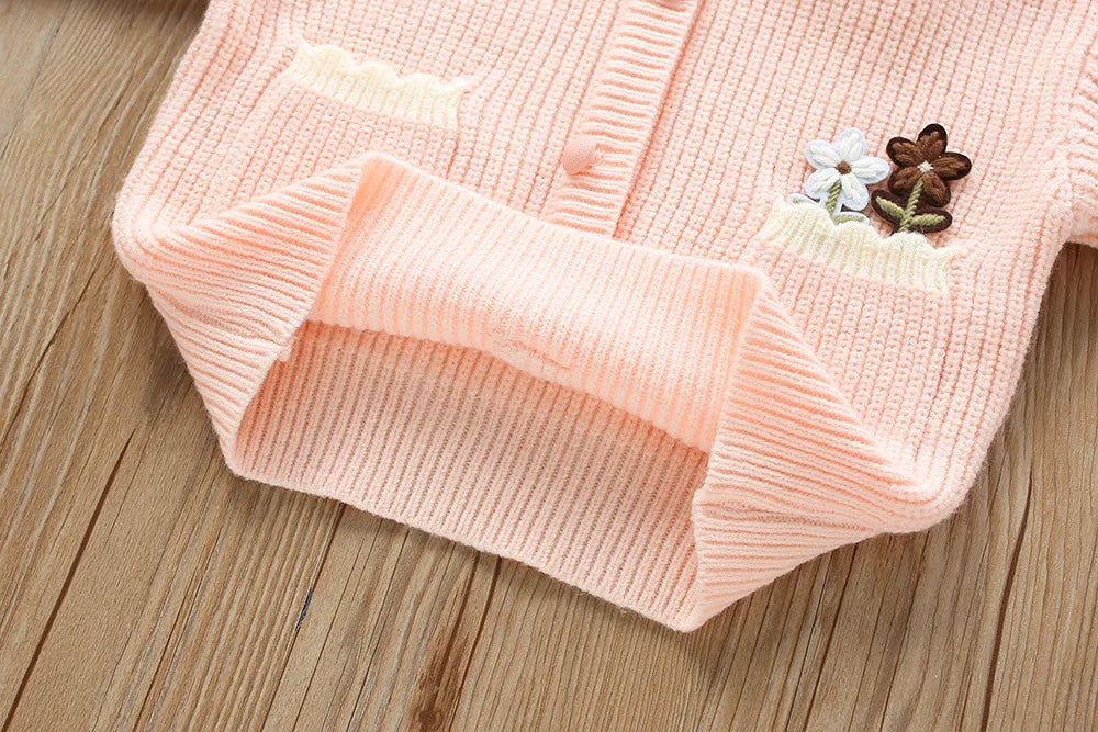 Girl's Clothes Collar Embroidery Flower Knit Cardigan Sweater and Short Skirt Two-piece Set