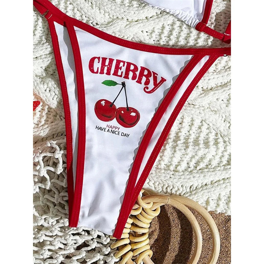 Women's Cherry Printed Short Sleeve Bikini Swimsuit Swimwear Three-pieces Bikini Set