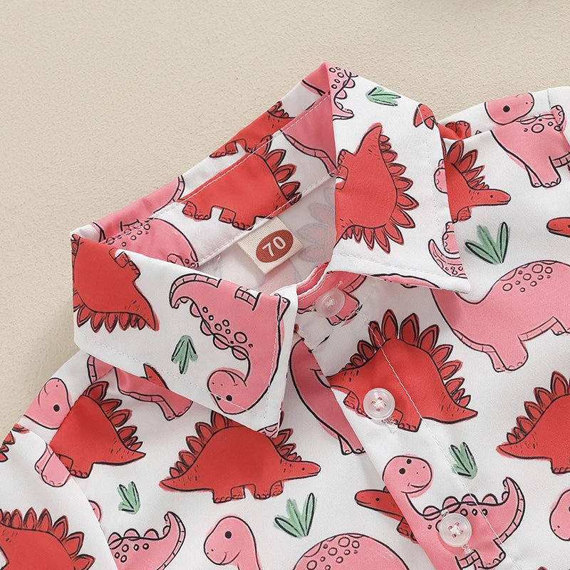 0-3Y Toddler Baby Boys Summer Clothes Sets 2pcs - Short Sleeve Dinosaur Print Button Up Top and Shorts Set