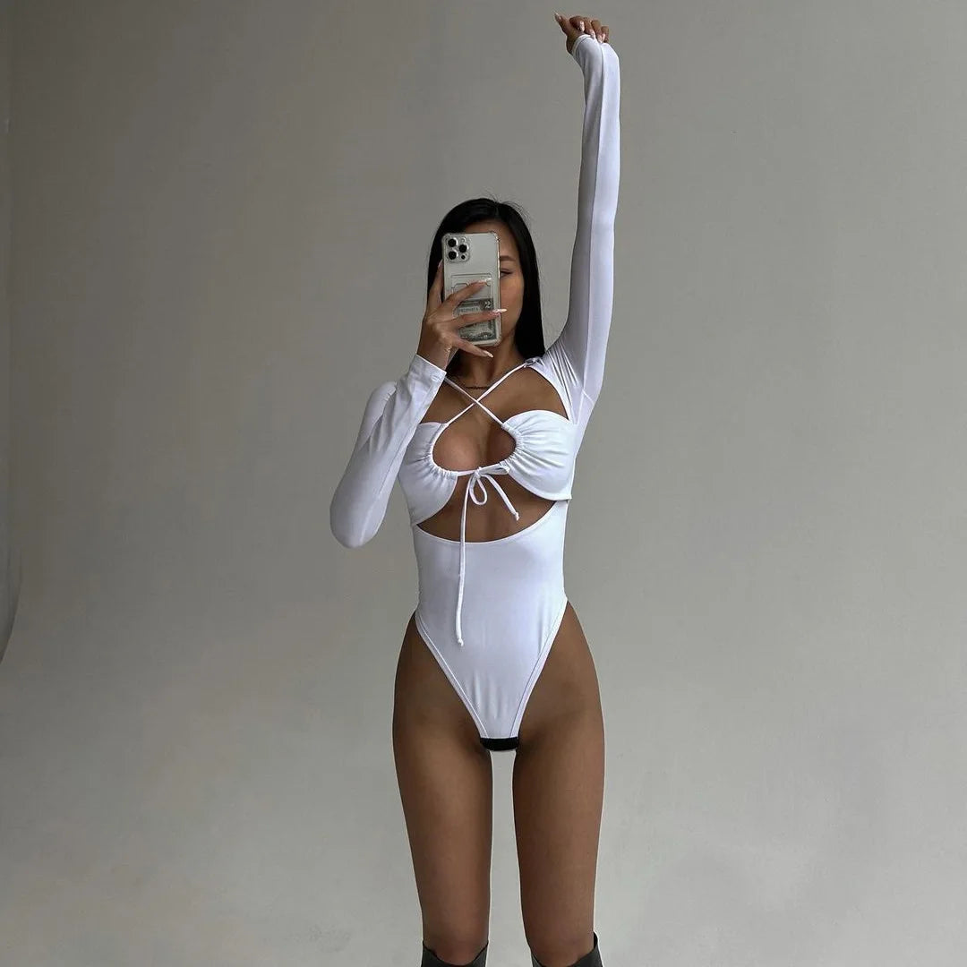 Women's Straps Cut Out Tie Front Top Bodysuit - Women's Long Sleeve Top One Piece High Rise Bodysuit