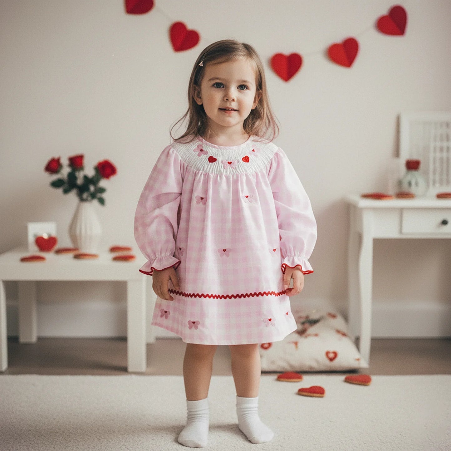 Girls Valentine Dress - Heart Bow Embroidery Plaid Print with Puff Sleeves