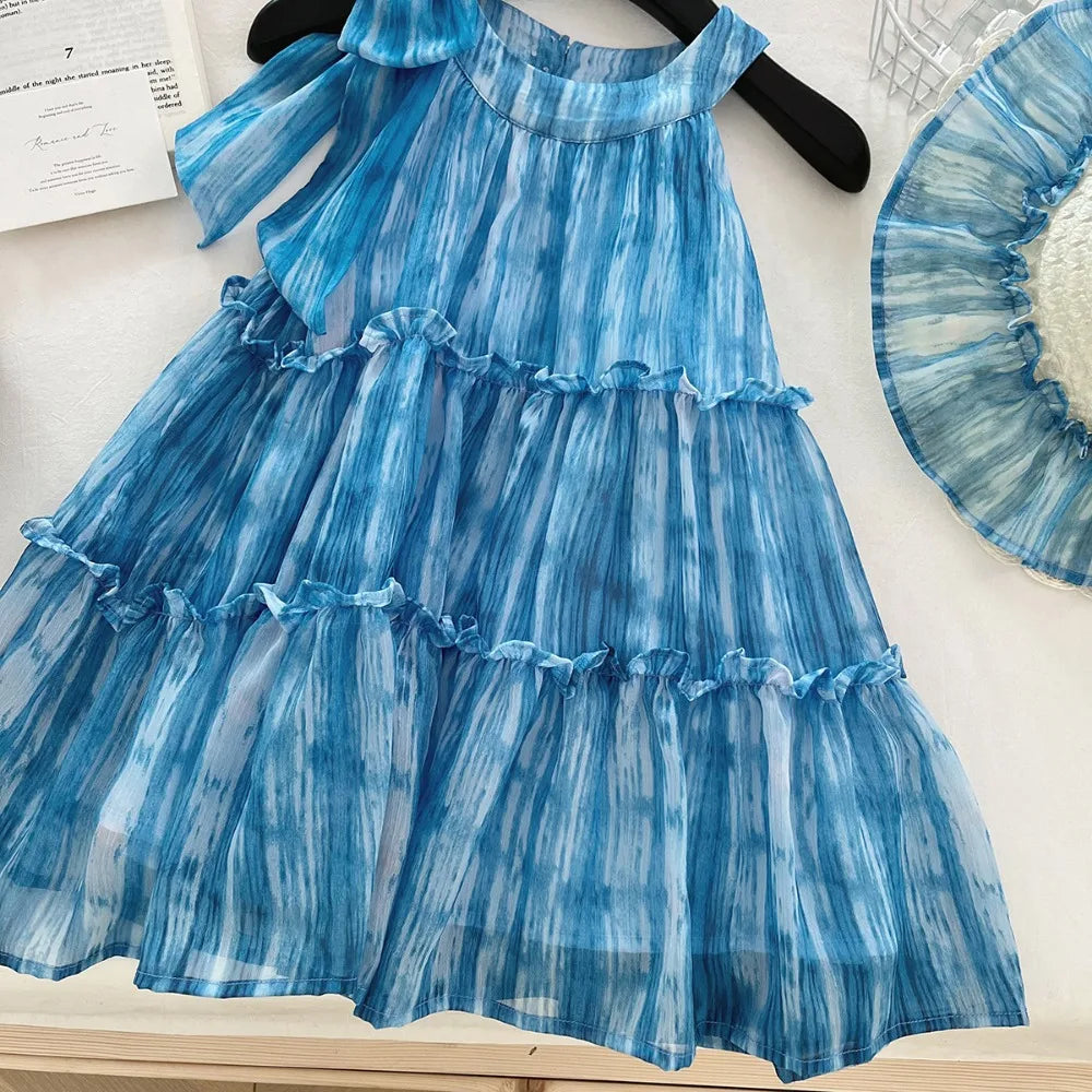 Girl's Summer Casual Round Neck Sleeveless 3D Bow Pleated A-line Dress 4-7 Years Old