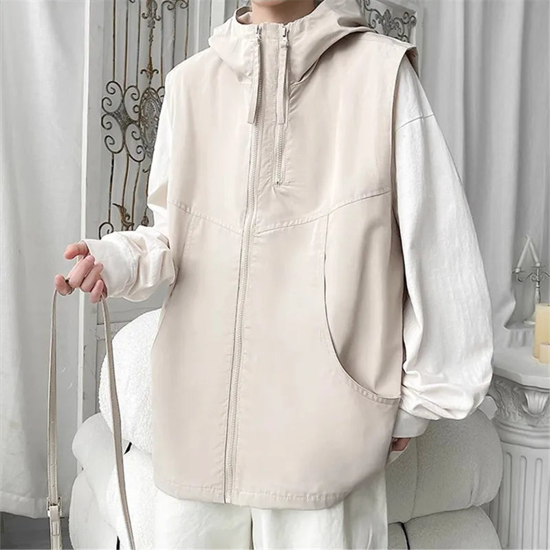 Hooded Cargo Vest - Multi-Pocket Sleeveless Jacket