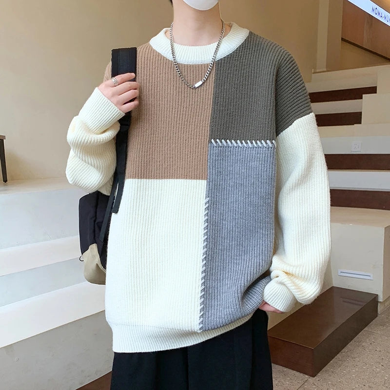 Men's Patchwork Round Neck Knit Pullovers Loose Casual Knitted Sweater