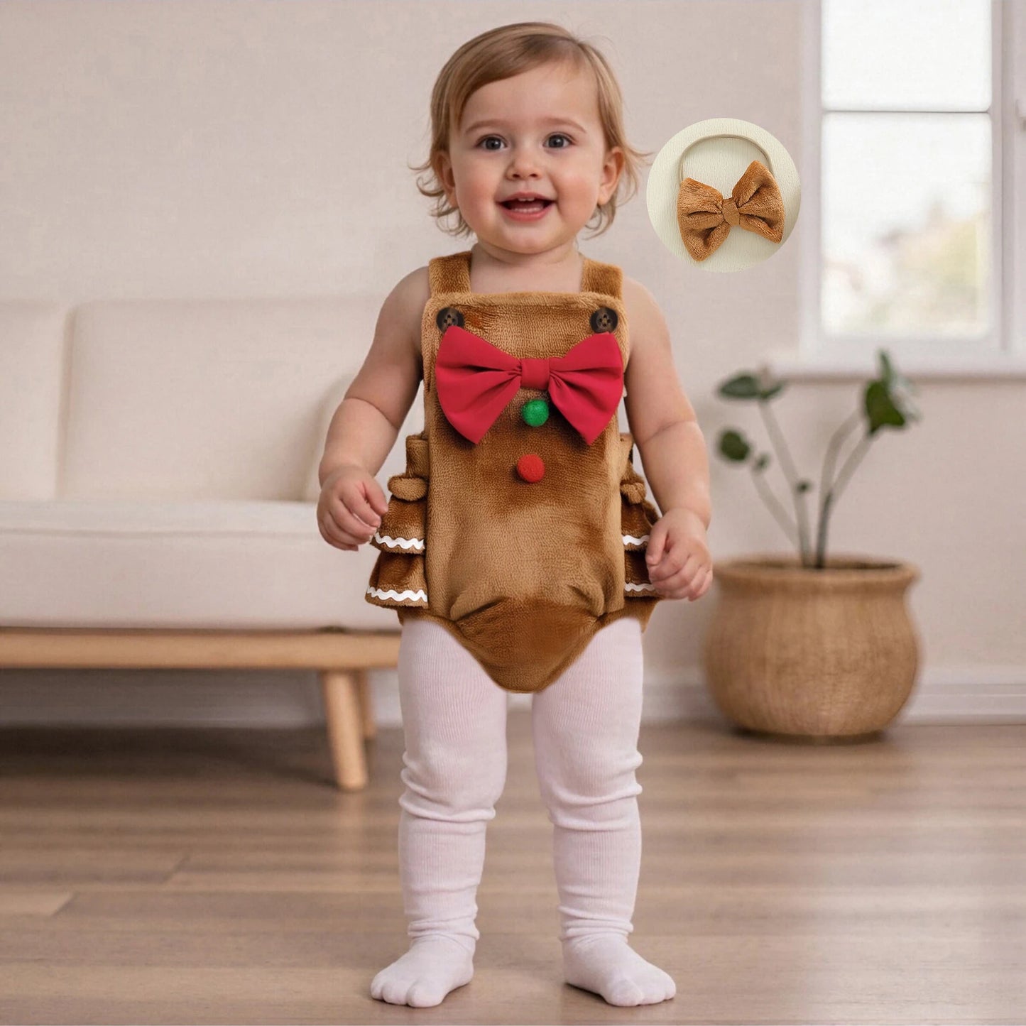 Baby Girls' Christmas Romper Outfit - Gingerbread Man Sleeveless Jumpsuit with Hairband