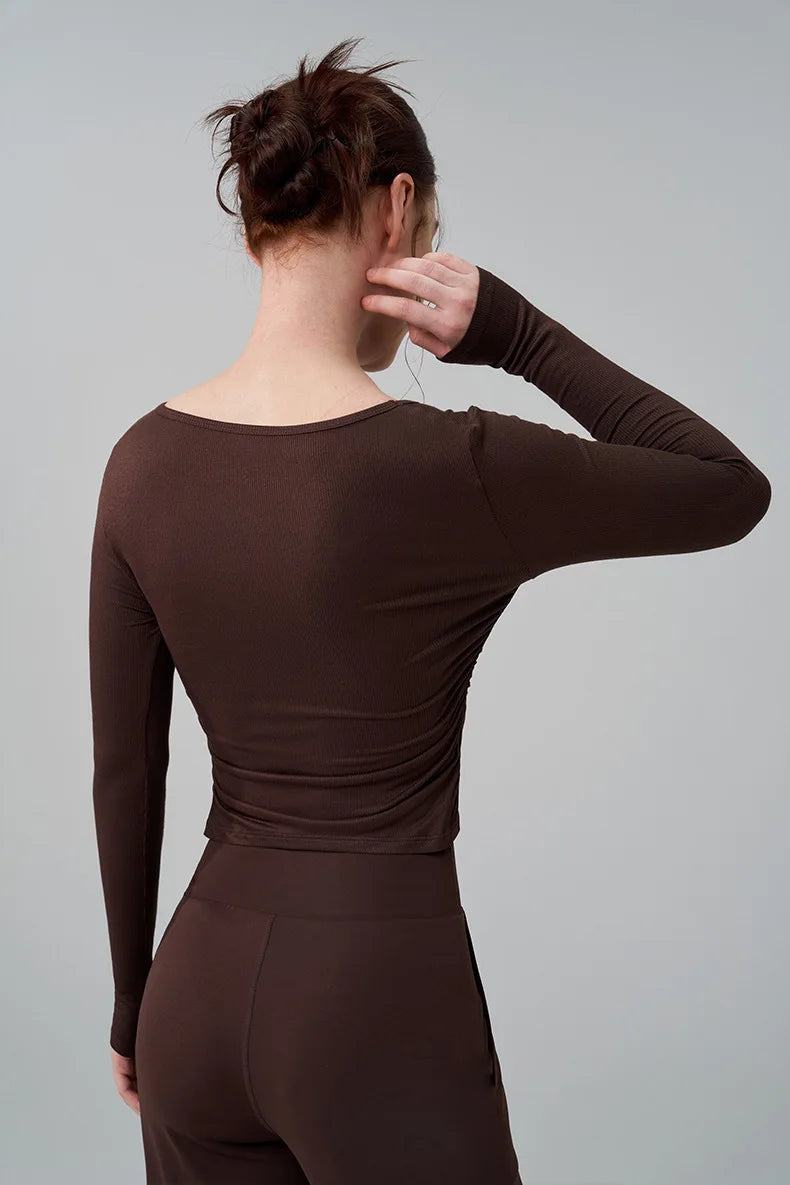 Ribbed Gym Top - Long Sleeve Drape Sides Yoga Shirt with Dry Fit