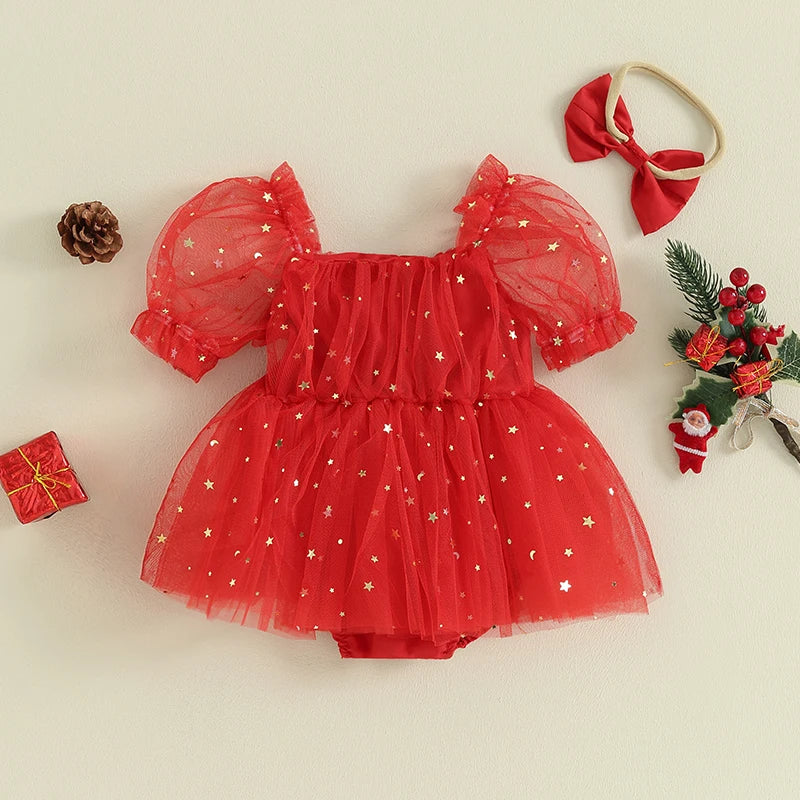 0-18M Infant Baby Girls Christmas Romper Dress 2pcs - Short Puff Sleeve Star Lace Mesh Tulle Jumpsuits and Headband