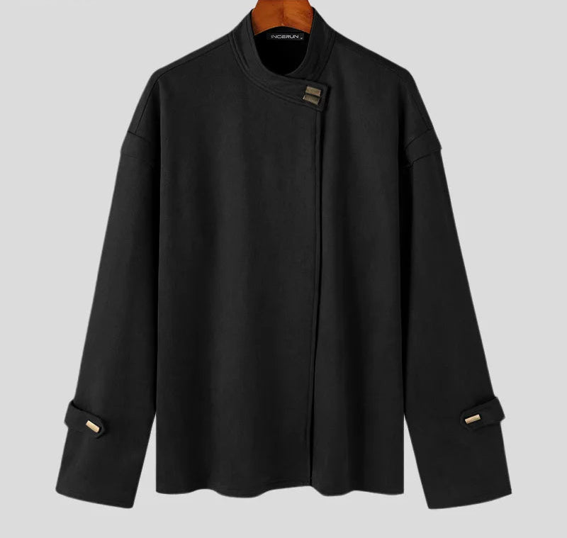 Men's Solid Simple Metal Buckle Design Jacket Coat Long Sleeved Jacket