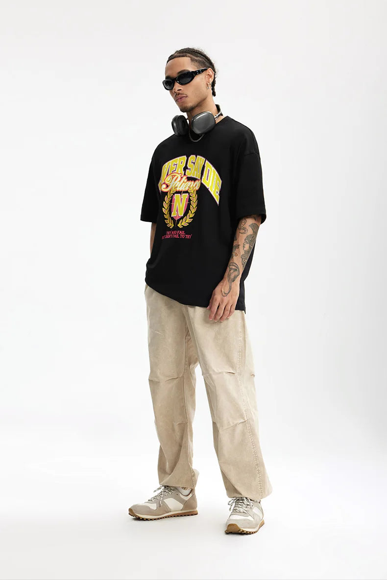 Men's College Printed Suede Beaded American Style Loose Short Sleeve T-Shirt