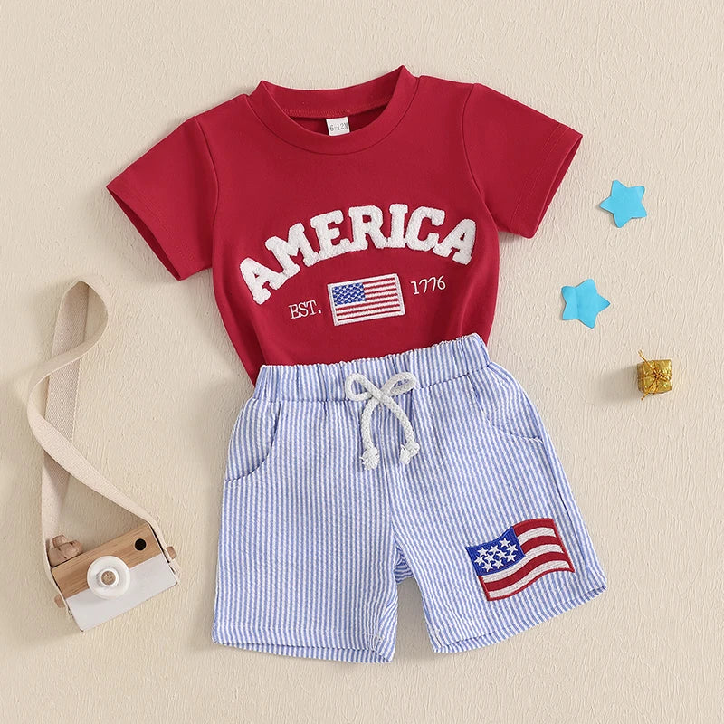 0-4Y Kids Boys American Flag Clothes Sets Letter Embroidery Short Sleeve T-Shirt with Stripe Shorts