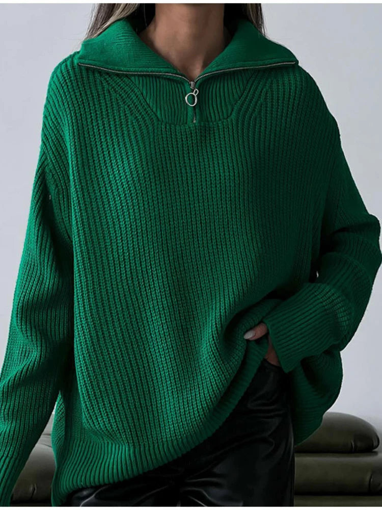 Women's Knitted Loose Zipper Lapel Pullovers Sweater