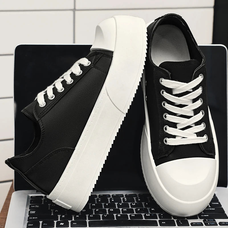 Men's Leather Platform Sneakers - Vulcanized Tennis Sports Shoes