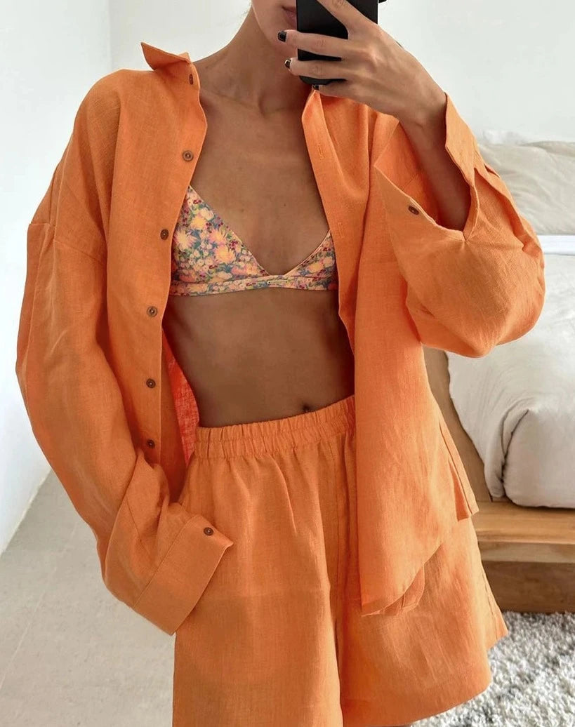 Women's Loose Orange Cotton 2 Piece Set Long Sleeve Shirt With High Waist Shorts Set