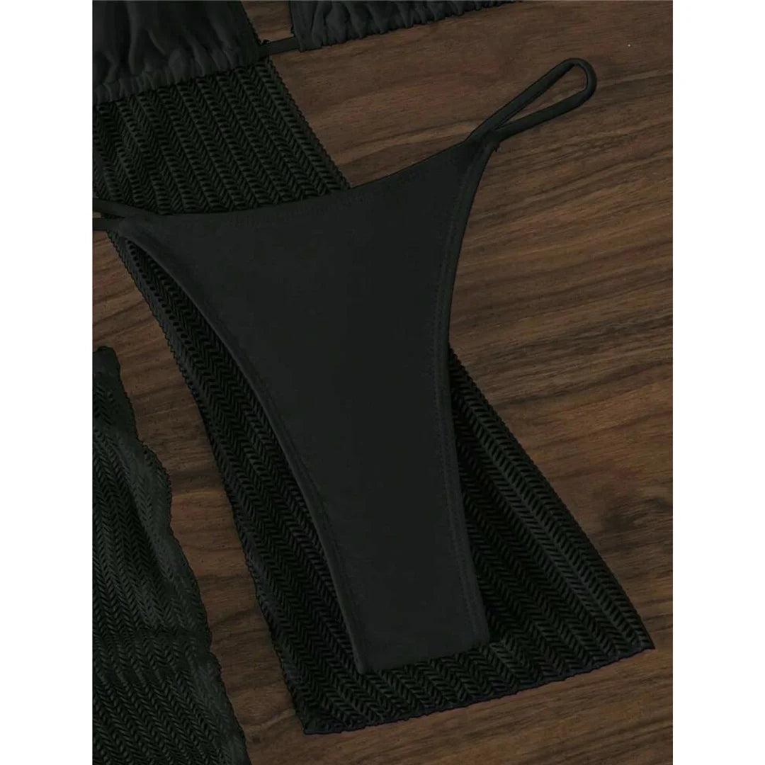 Women's Halter Bikini Set with Long Sleeve Cover-Up | Three-Piece Wire-Free Padded Swimwear