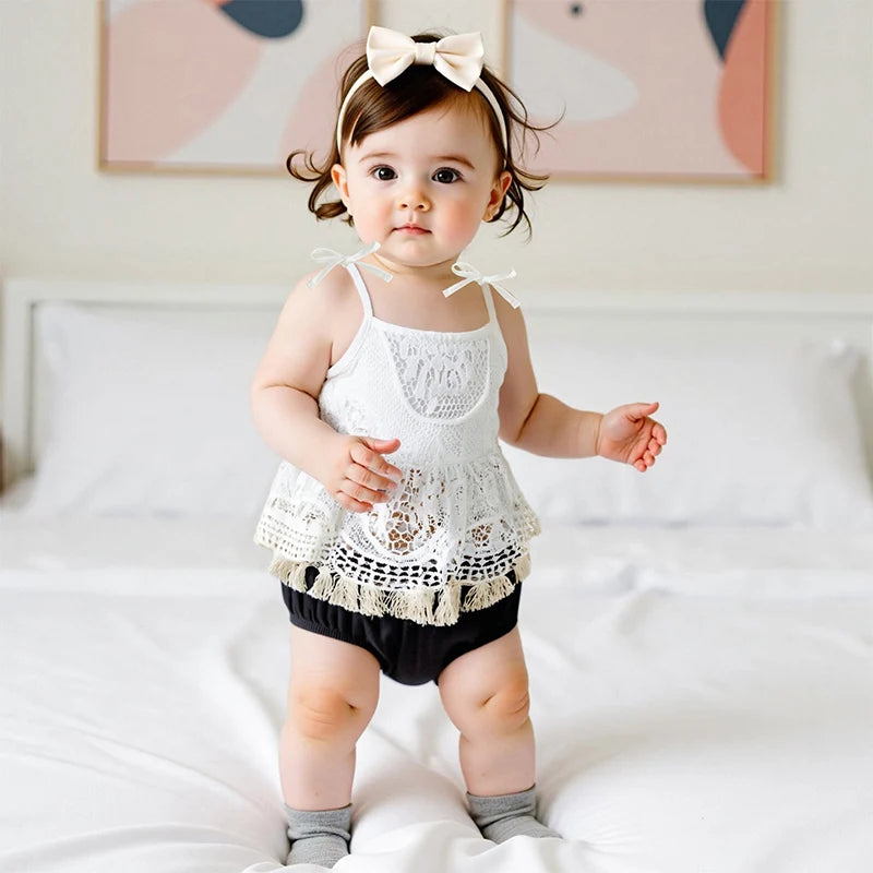 Baby Girls Summer Outfit Set - Floral Lace Tie Strap Camisole & Tassel Shorts (0-18M)