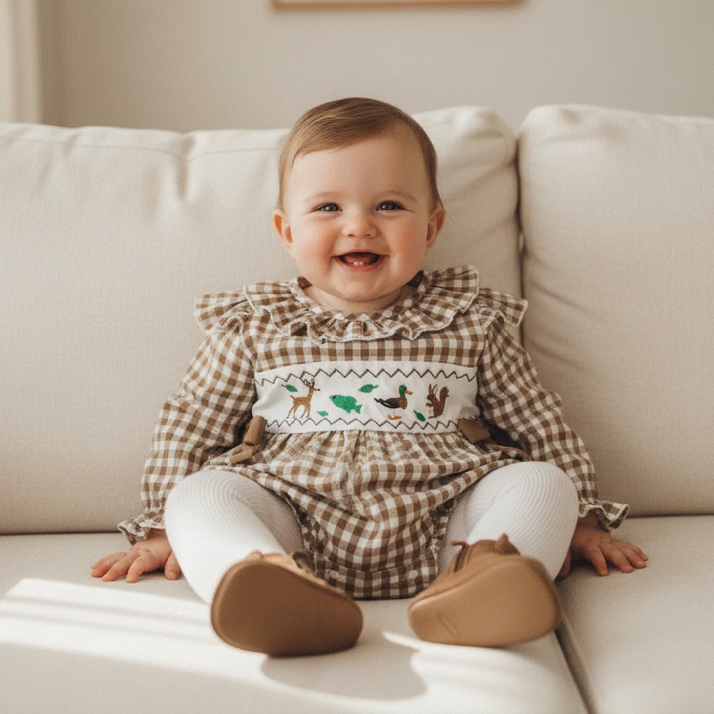 Baby Girls Boys Autumn Winter Plaid Long Sleeve Ruffle Collar Animal Embroidery Romper