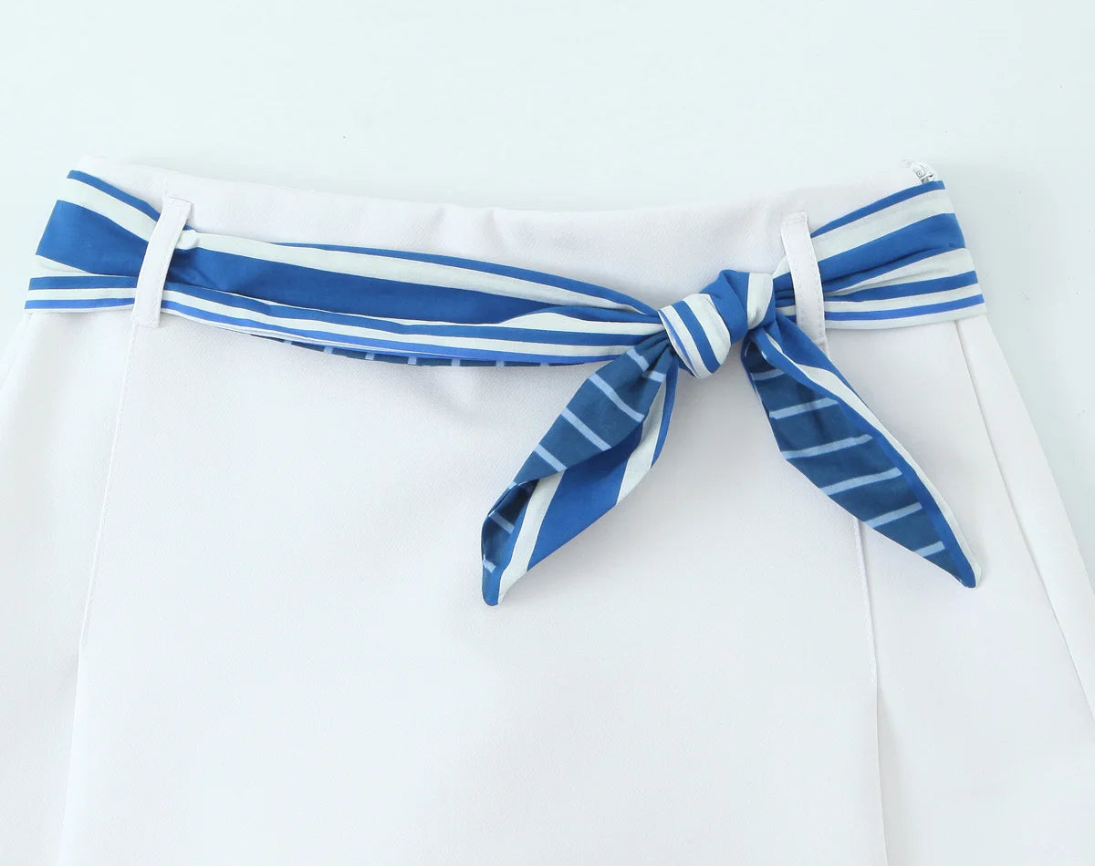 Women's Contrasting Striped Suspender Set - Short Top with Belted Skirt