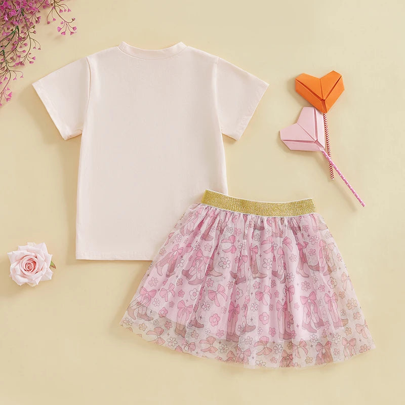 2pcs Kids Girls Summer Clothes Set Short Sleeve Bow Boots Print T Shirt and Tulle Skirt 0-5Y