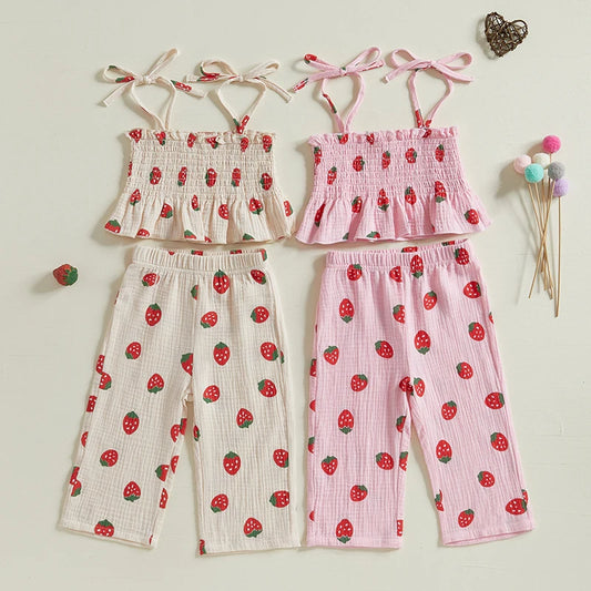 Girls Strawberry Print Tie-Up Strap Camisole & Wide Leg Pants Set | 12M–4T