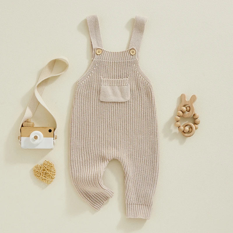 0-3Y  Baby Boys Girls Overalls Jumpsuits Sleeveless Front Pocket Solid Colour Knitted Romper Outfit