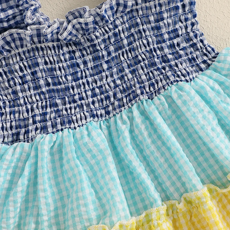 0-4Y   Kids Girls Summer Dress Colorful Plaid Striped Print Sleeveless Suspender Smocked A-Line Dress