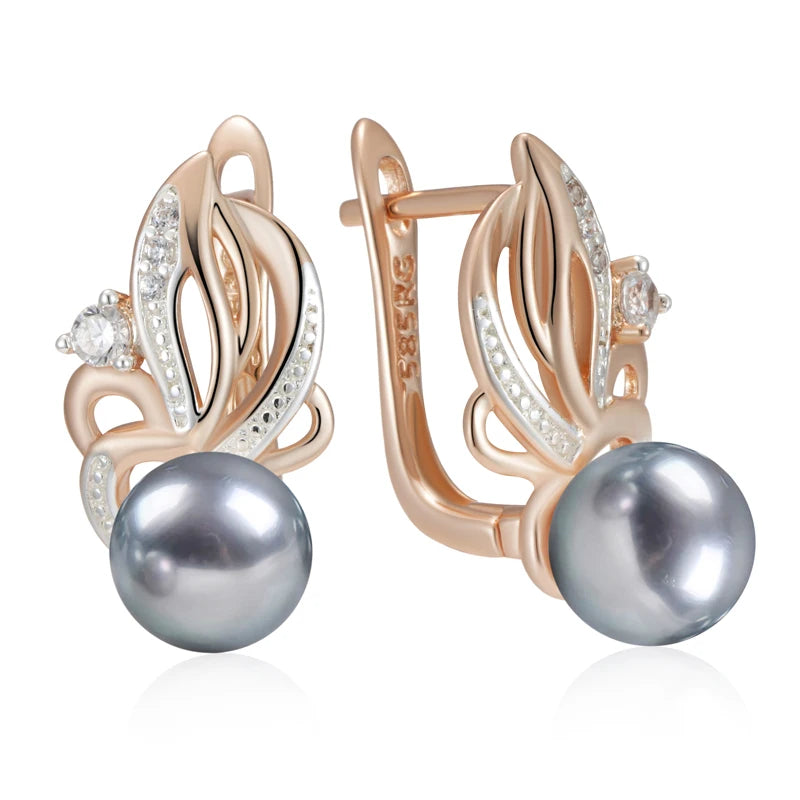 Natural Zircon Flower Gray Pearl Drop Earrings - Rose Gold Boho Wedding Jewelry