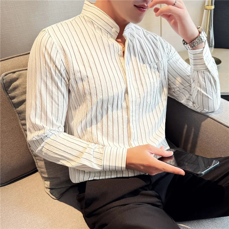 Men's Striped Stand Collar Long Sleeve Single Breasted Shirt