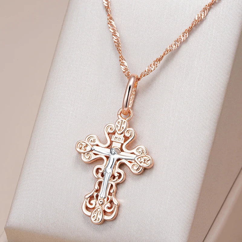 Unisex Orthodox Church Cross Pendant Necklace 585 Rose Gold Silver Colour