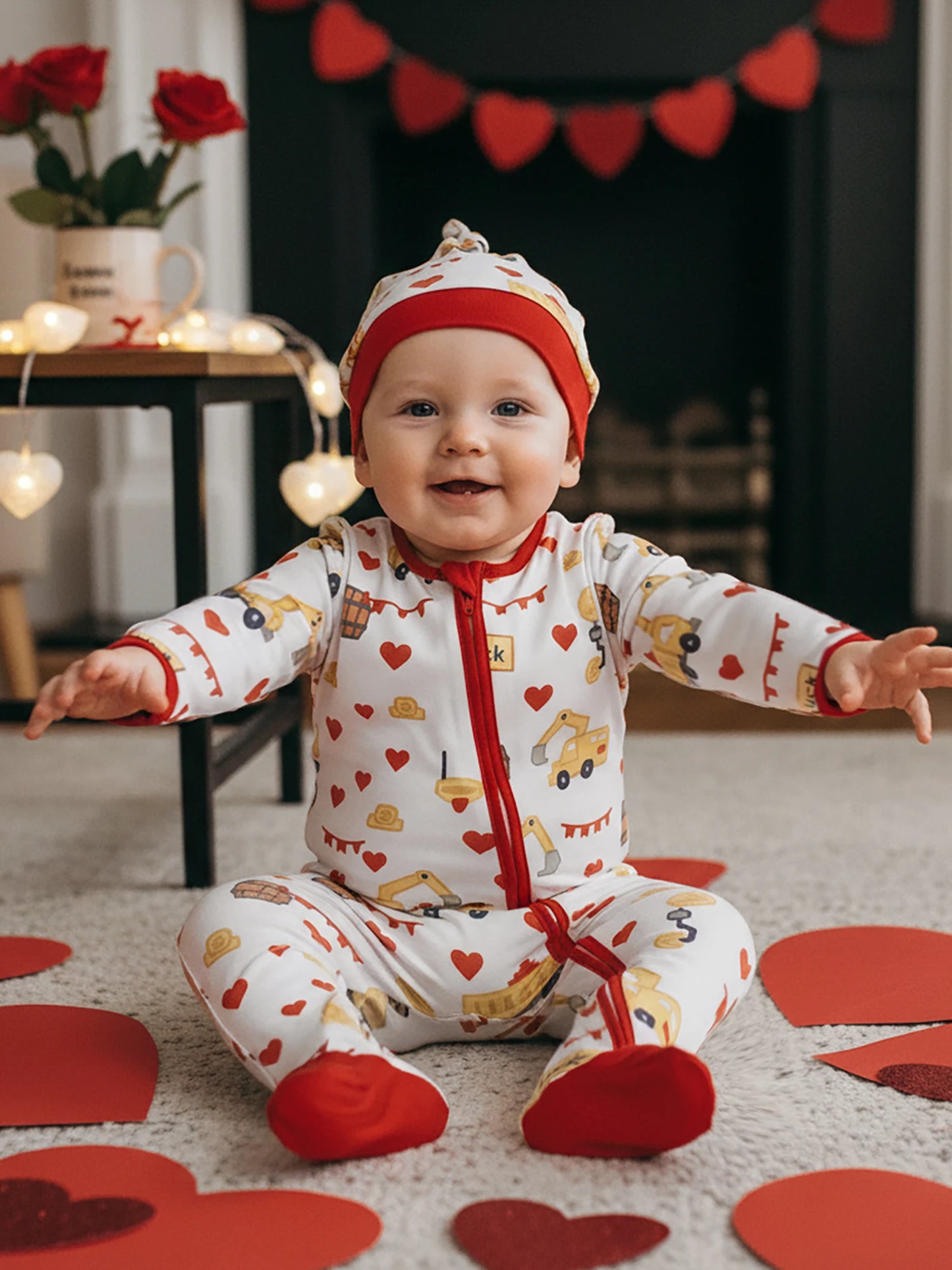 Baby Boys Girls Valentine's Day Romper Set - Excavator Heart Print Jumpsuit with Hat 0-18M