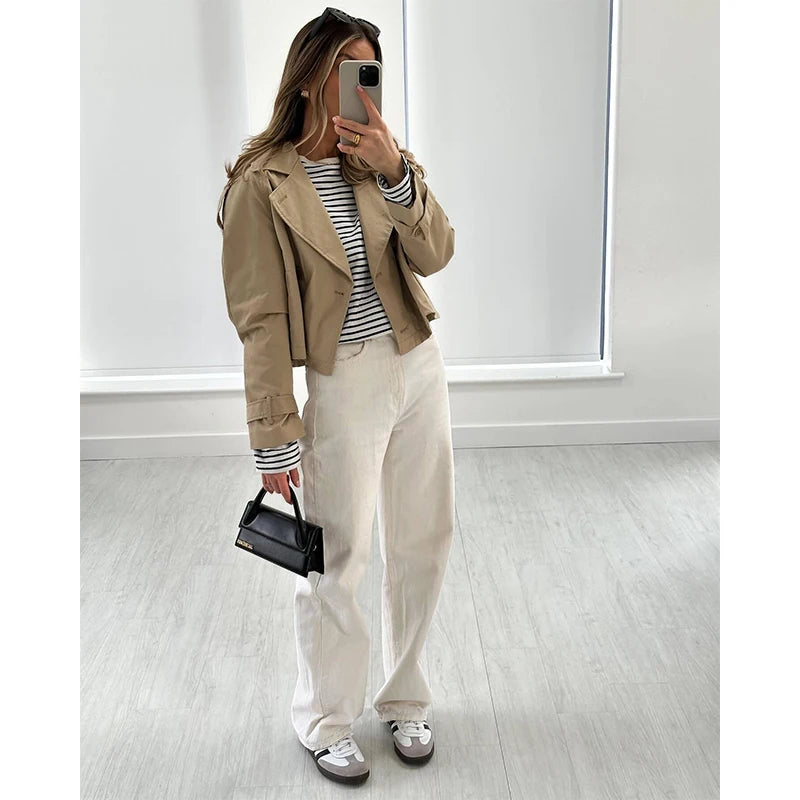 Cropped Trench Coat - Double Breasted Vintage Short Jacket