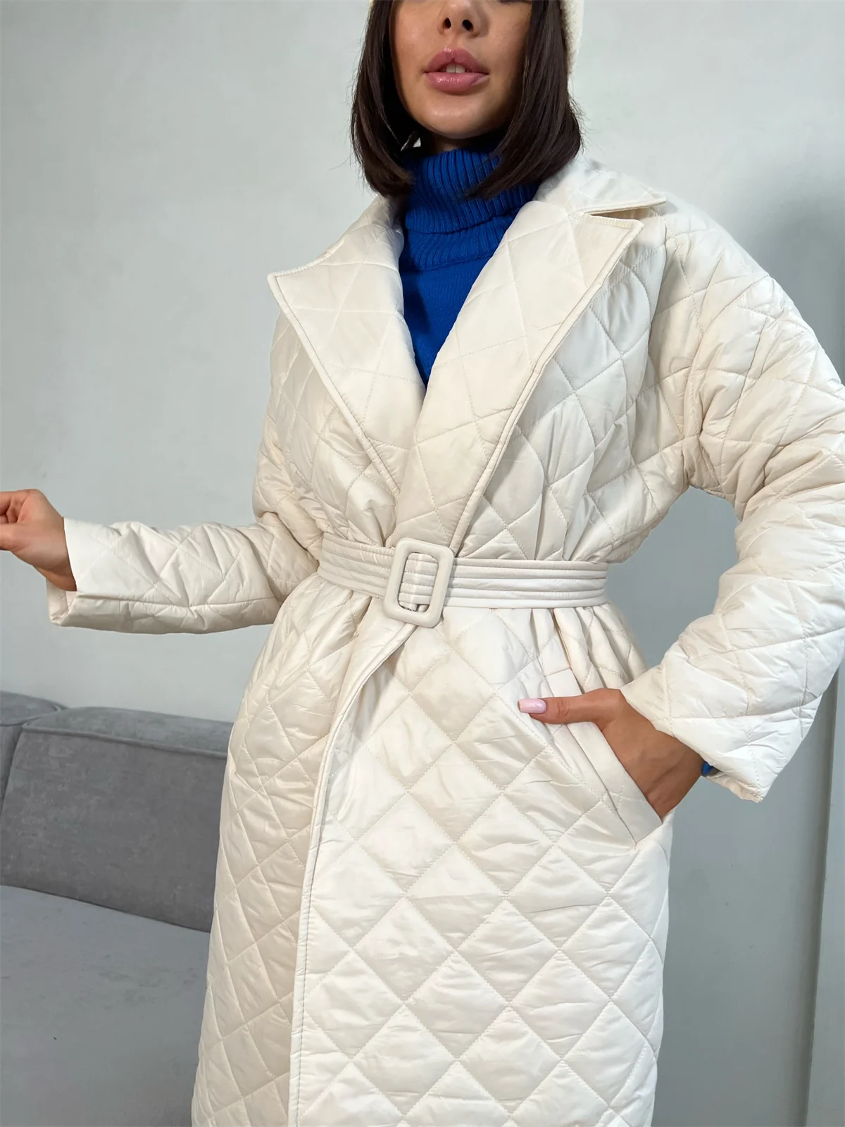 Women's Long Sleeve Parkas Quilted with Belt Trench Coat Warm Down Jacket