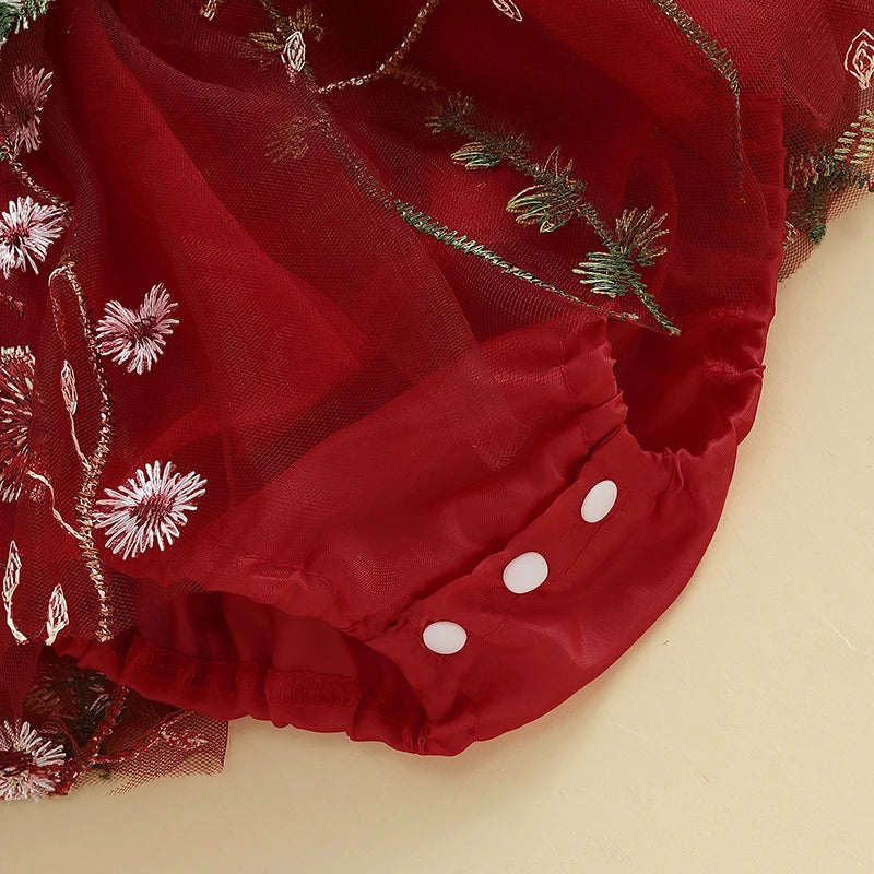 Baby Girls Princess Romper Dress - Flower Embroidery Mesh Skirt Bodysuit