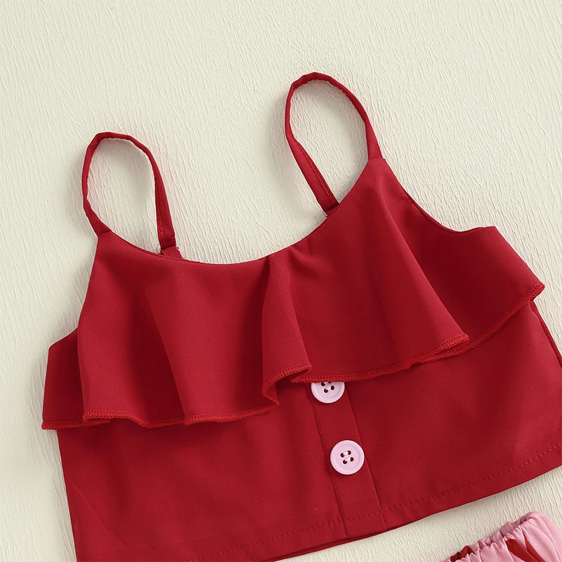 3-6Y Kids Girls Clothes Set Outfit Heart Print Sleeveless Camisole Low Ruffles Skirt Shorts Set