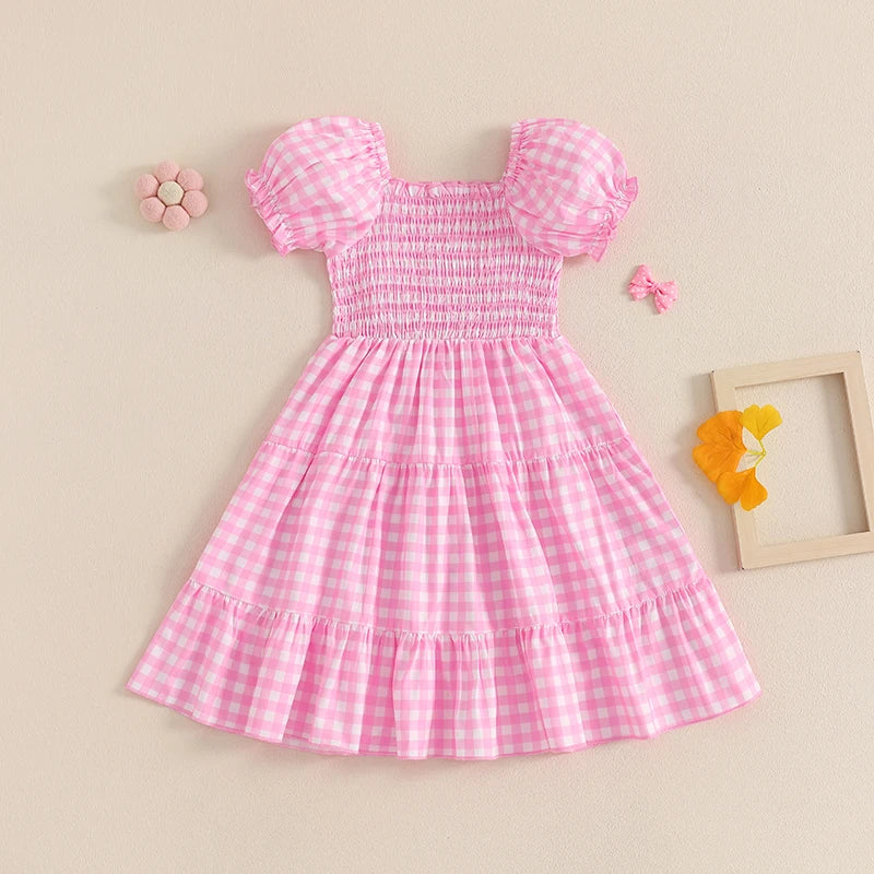 4-6Y Kids Girl's Summer Dress Plaid Print Short Puff Sleeve Square Neck Tiered A-Line Dress