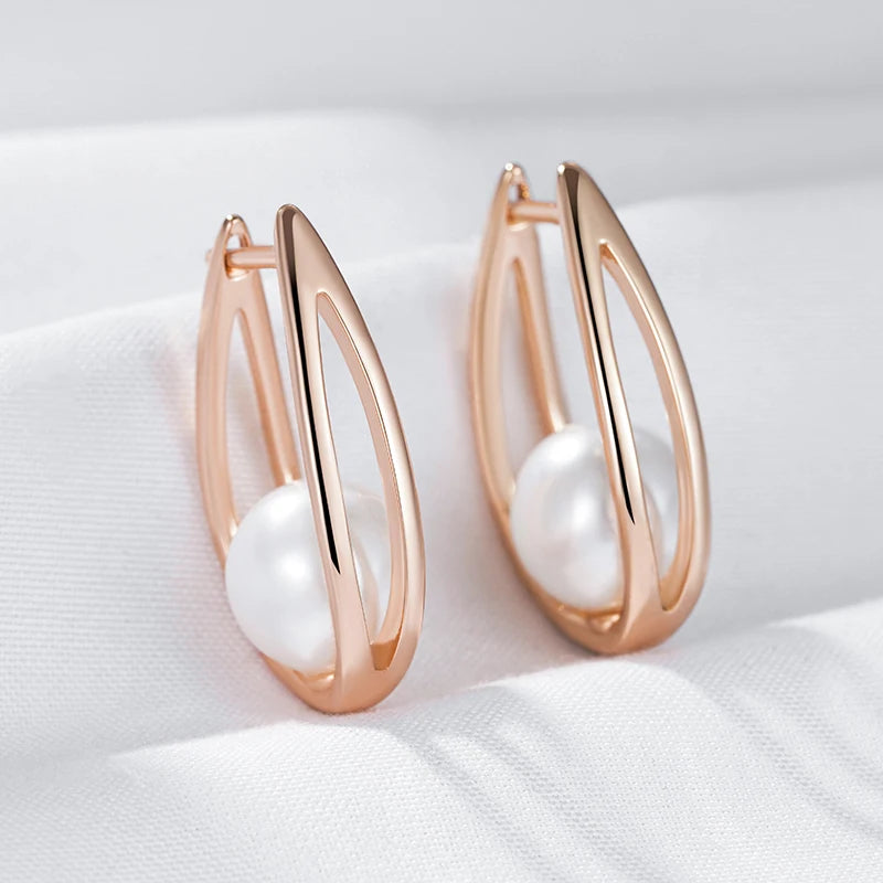 Women's 585 Rose Gold Colour Geometric Glossy Pearl Dangle Earrings