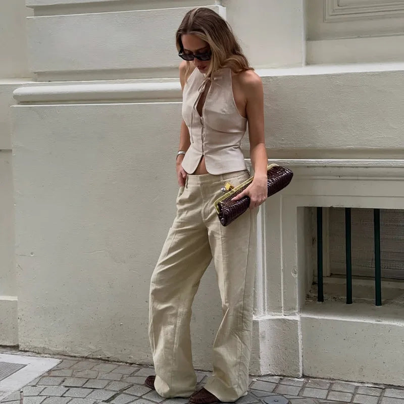 Women's Vintage Button Vest Crop Top - Y2K Tie Front Backless Sleeveless Top