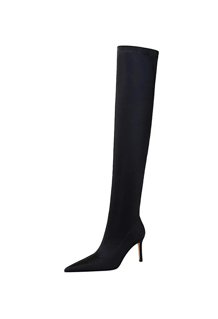Satin Over-the-Knee Boots - Pointed Toe High Heel Elastic Autumn Winter Boots