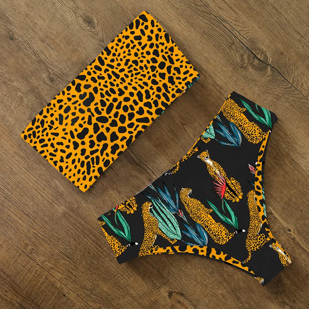 High Waist Bikini Set - Cross Back Bandeau Swimsuit with Print