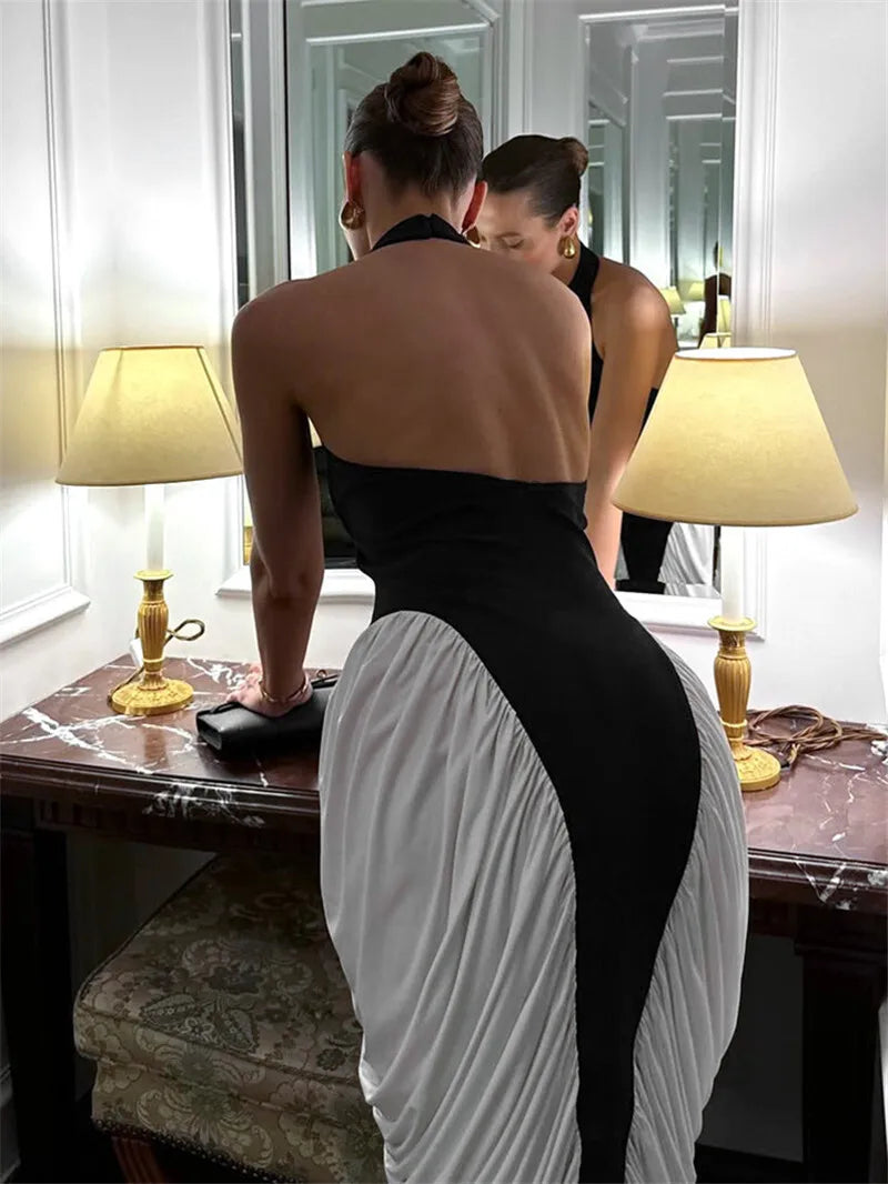 Women's Patchwork Halter Backless Midi  Contrast Color Sleeveless Pleated Long Dress