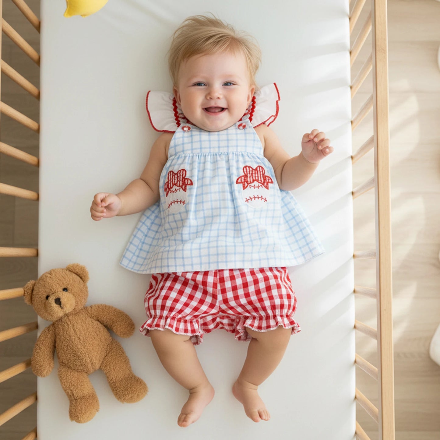 Toddler Girls 2-Piece Outfit Set - Plaid Baseball Embroidery Top & Shorts